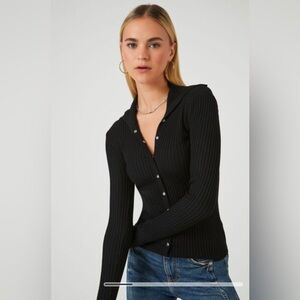 FOREVER 21 New Black Sweater-Knit Button-Front Shirt